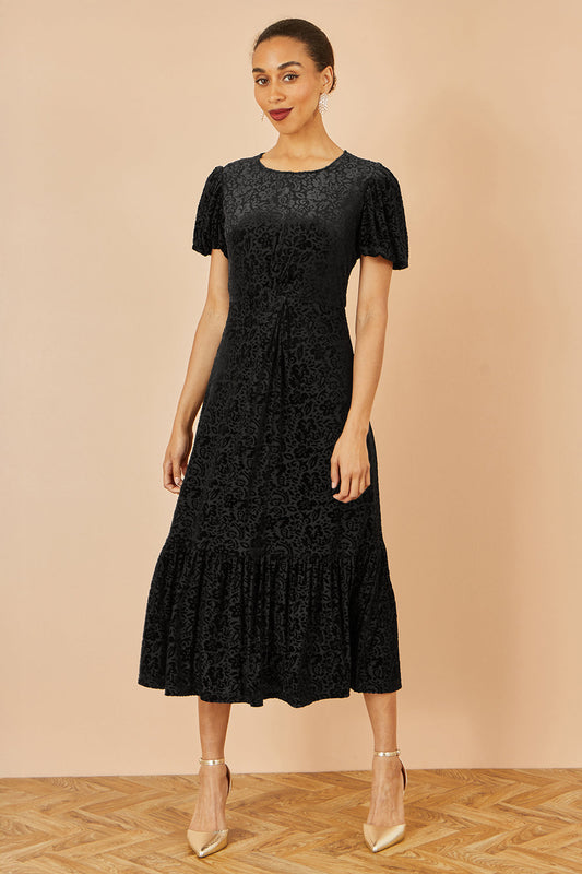 Yumi Black Floral Velour Velvet Twist Waist Midi Dress
