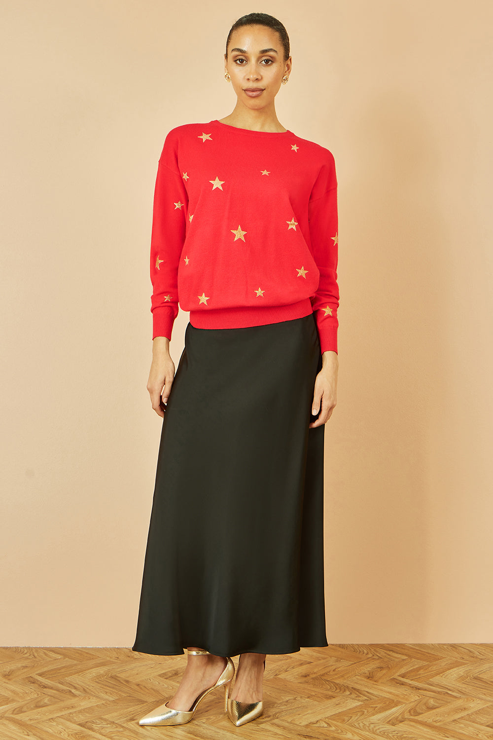 Yumi Red Gold Foil Star Print Relaxed Fit Jumper