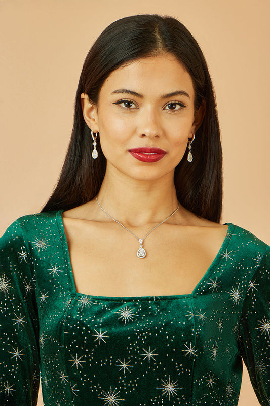 Yumi Green Starburst Foil Print Long Sleeve Skater Dress