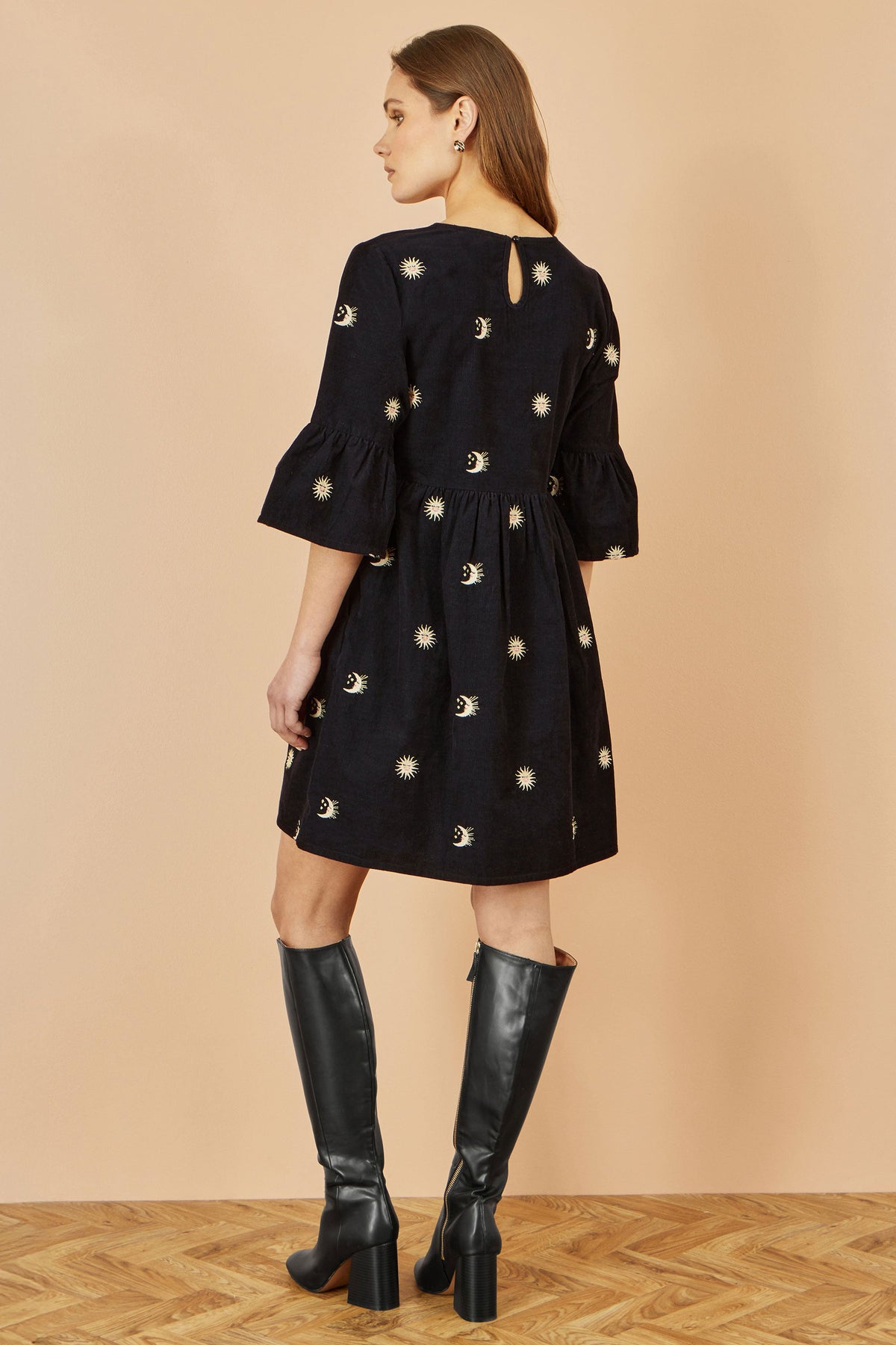 Yumi Black Cosmic Embroidery Cord Tunic Dress