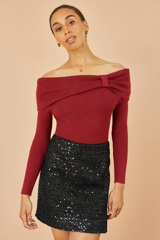 Yumi Burgundy Sparkle Bardot Jumper With Diamante Detail