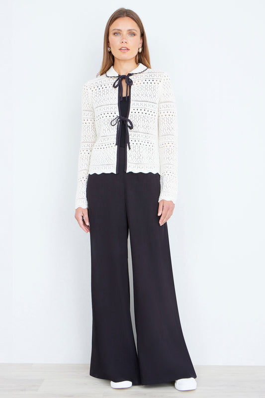 Yumi Ivory Crochet Knitted Cardigan With Peter Pan Collar