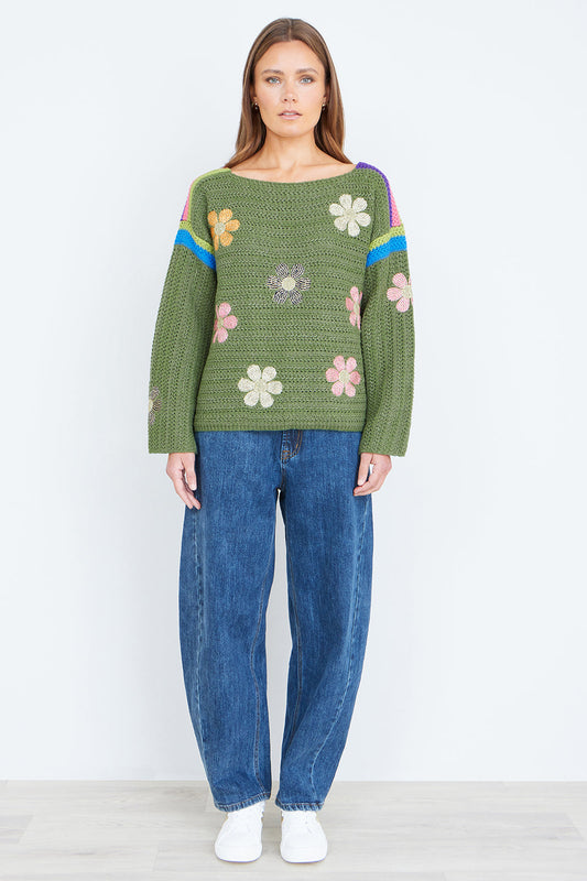 Yumi Green Crochet Flower Jumper