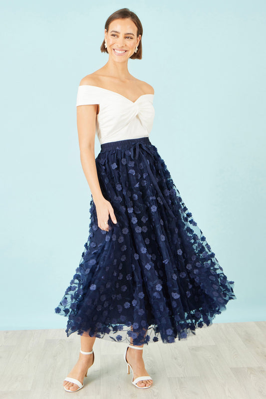 Yumi Navy Mesh Floral Applique Midi Skirt