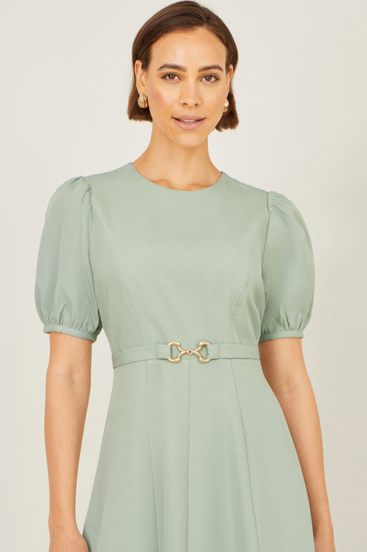 Yumi Mint Skater Dress With Puff Sleeves And Buckle Detail