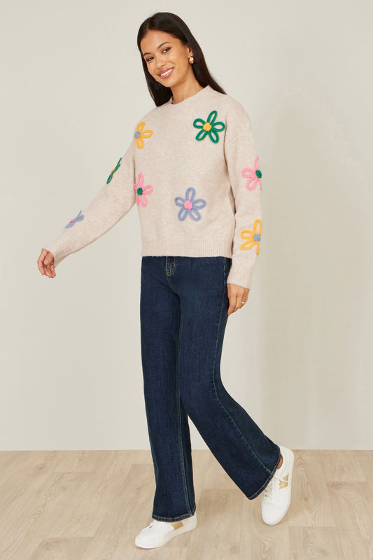 Yumi Oatmeal Relaxed Flower Embroidered Jumper