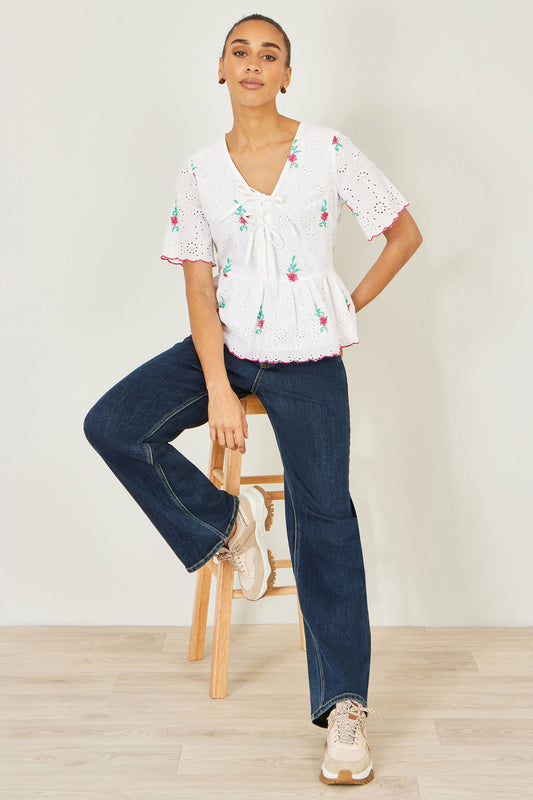 Yumi White Cotton Broderie Anglaise Embroidered Tie Top