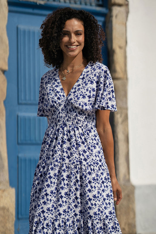 Yumi Blue Floral Ruched Waist Midi Dress With Angel Sleeves