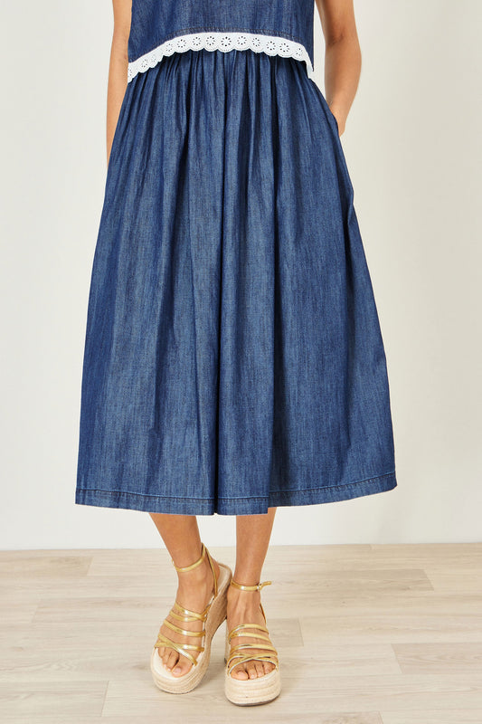 Yumi Blue Denim Chambray Gathered Midi Skirt