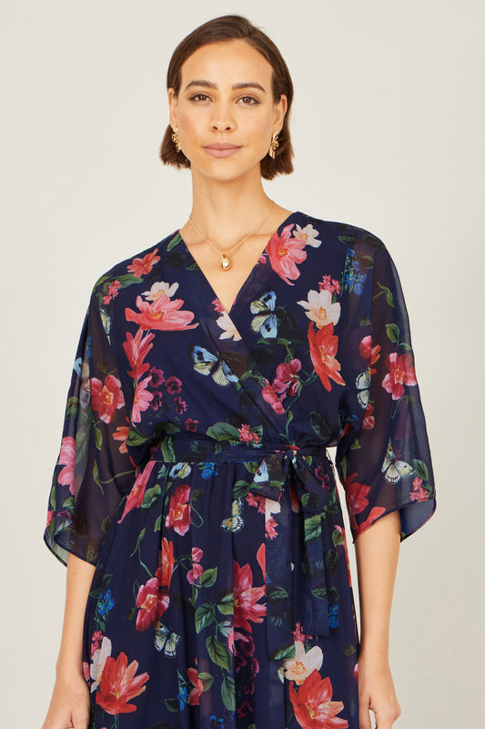 Yumi Navy Floral Kimono Wrap Dress With Dip Hem