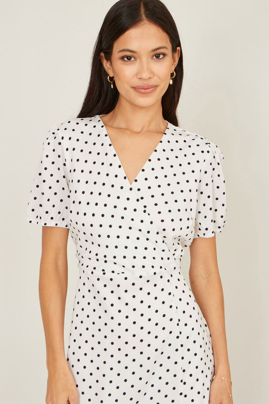 Yumi White Spot Print Wrap Tea Dress