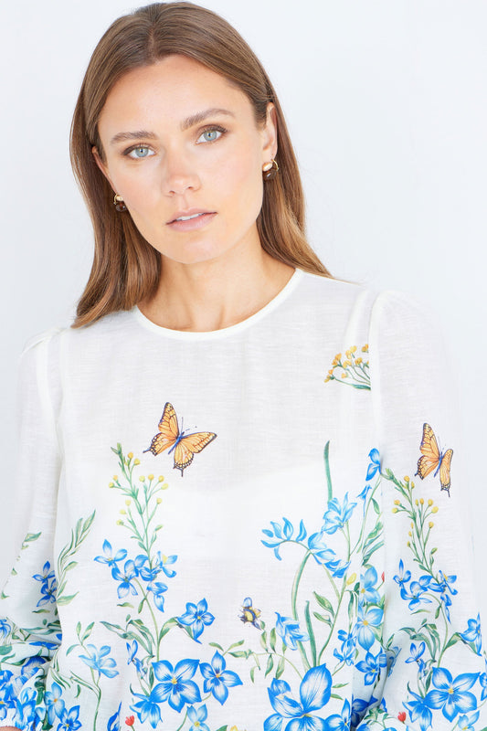 Yumi Ivory Butterfly Print Long Sleeve Top