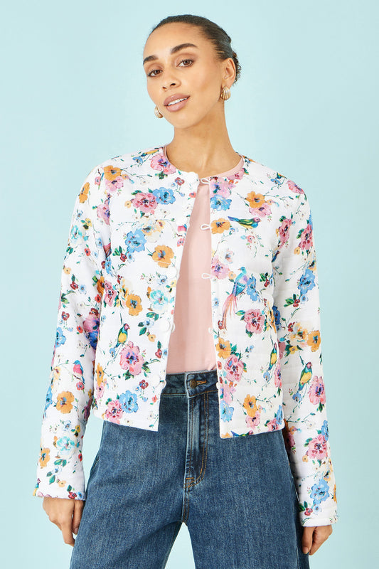 Yumi White Floral Embroidery Reversible Cotton Jacket