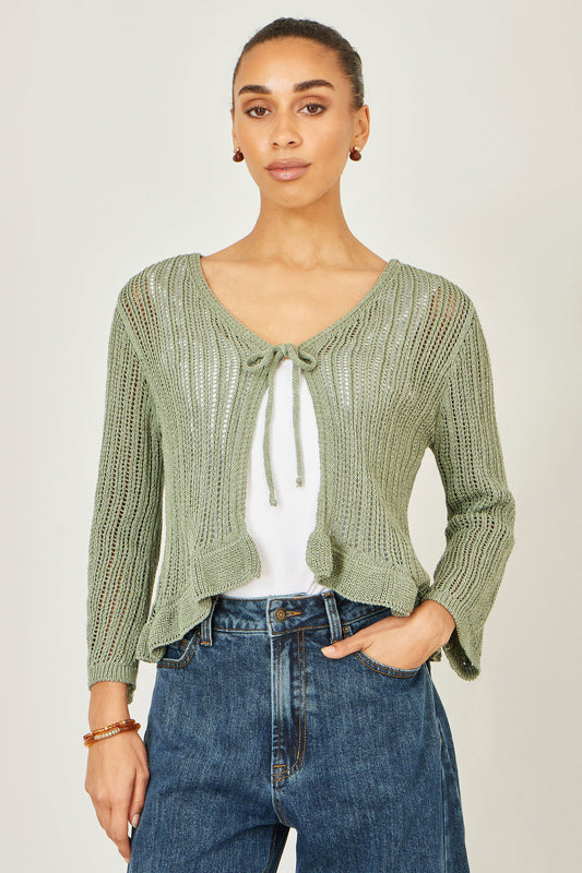 Yumi Green Tie Front Pointelle Cardigan