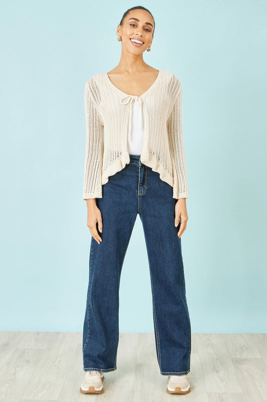 Yumi Beige Tie Front Pointelle Cardigan