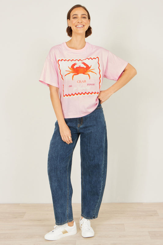 Yumi Pink Crab Vacation Print T Shirt