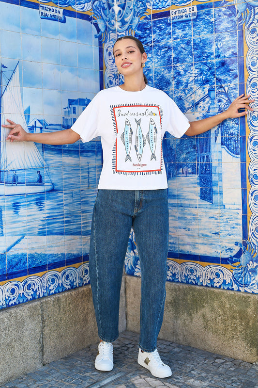 Yumi White Cotton Summer Motif T-Shirt