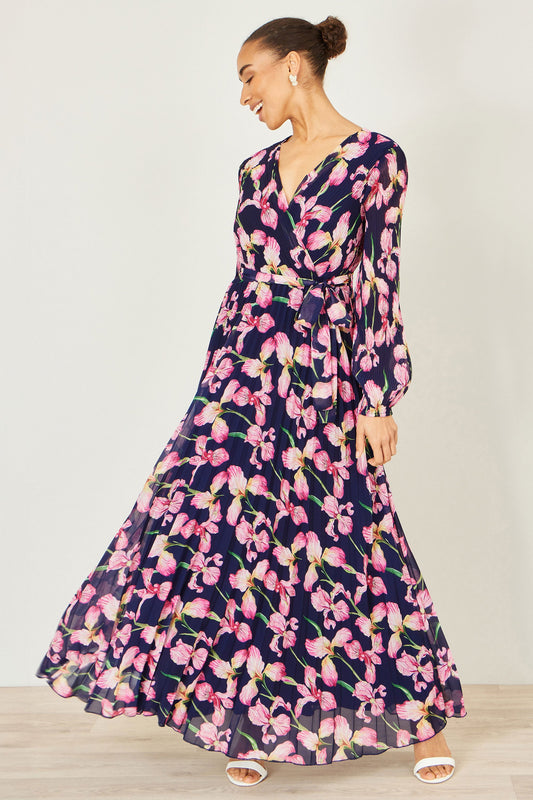 Yumi Navy Orchid Floral Pleated Wrap Maxi Dress