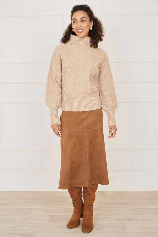 Yumi Beige Cable Knit Roll Neck Jumper