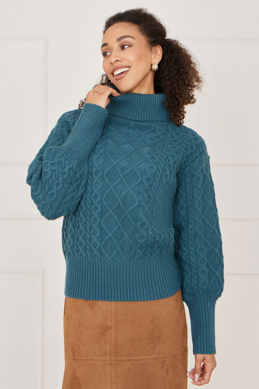 Yumi Teal Cable Knit Roll Neck Jumper