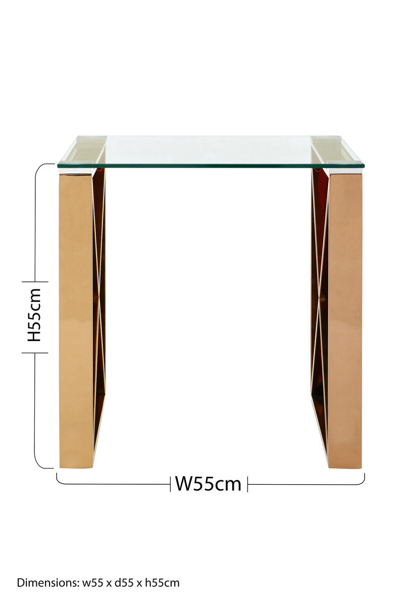 Rose Gold Stainless Steel Cross Legs End Table with Tempered Glass Top | Allure