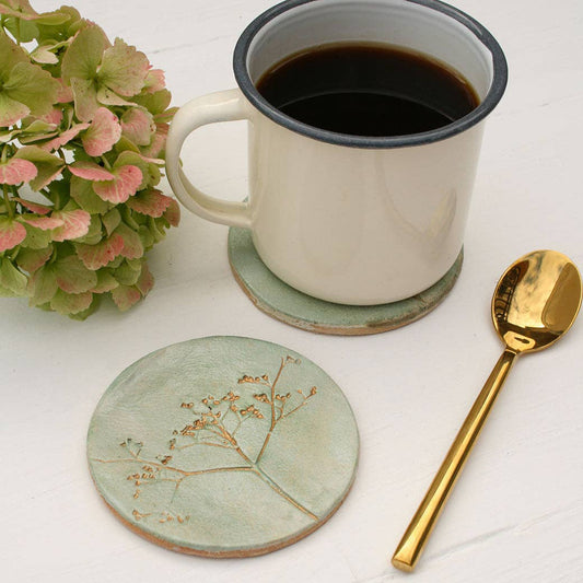 Juliet Reeves Green and Gold Wild Flower Ceramic Coasters Set of 4