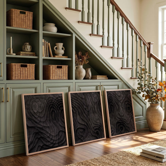 Abstract Painting Dark Charcoal Topographic Wave Texture Wall Art Prints | Set of 3