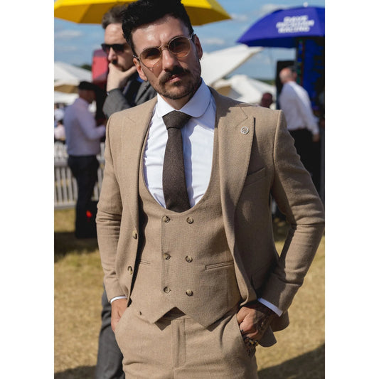 AK-23 - Men Tweed 3 Piece Suit Tan Oak Double Breasted Wedding
