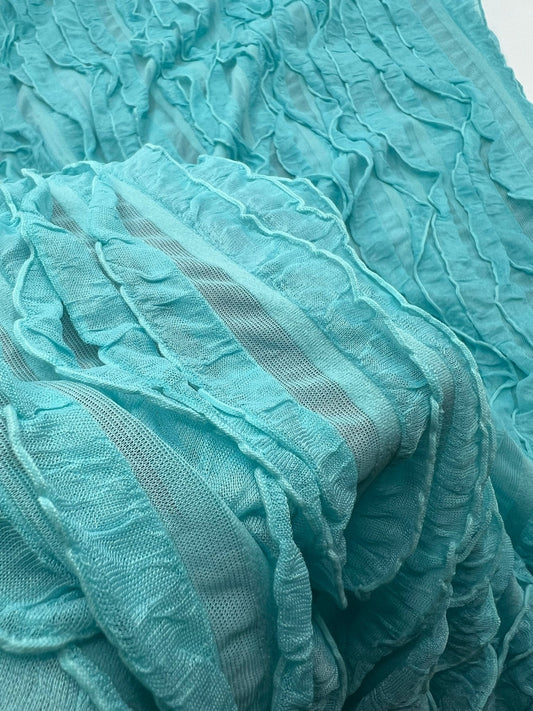 Aqua Blue Ruffle Textured 4 Way Stretch Fabric