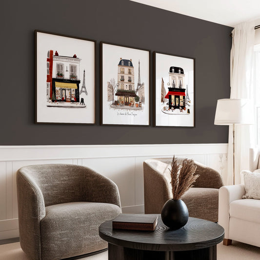 Art Above Fireplace Paris Street Café Watercolour Prints | "Le Charme de l'Hiver Parisien" | Set of 3