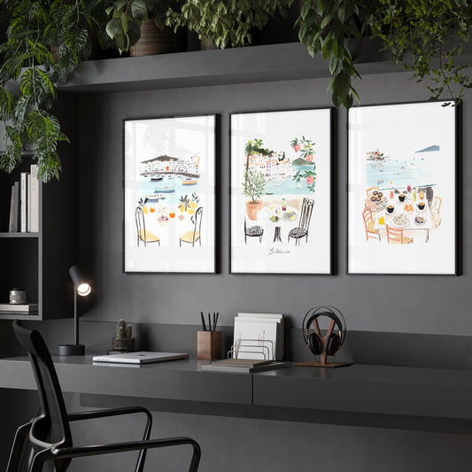 Art for an Office Mediterranean Coastal Dining Scene Wall Art Prints | "La Dolce Vita" | Set of 3