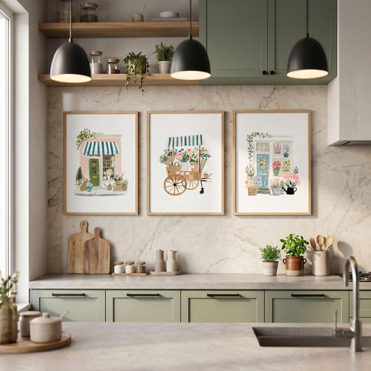 Art in Kitchen Cottage Flower Shop & Floral Cart Wall Art Prints | Set of 3