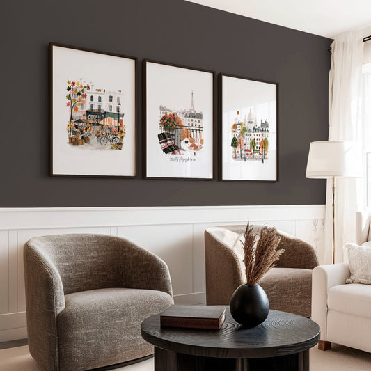 Paris Travel Art Pieces for Wall | Beige, Coral & Grey Illustrated Scenes | "Les Petits Plaisirs de la Vie" | Set of 3