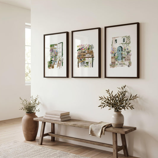 Art Prints Green Cottage Flower Shop Illustrated Floral Wall Art | Set of 3