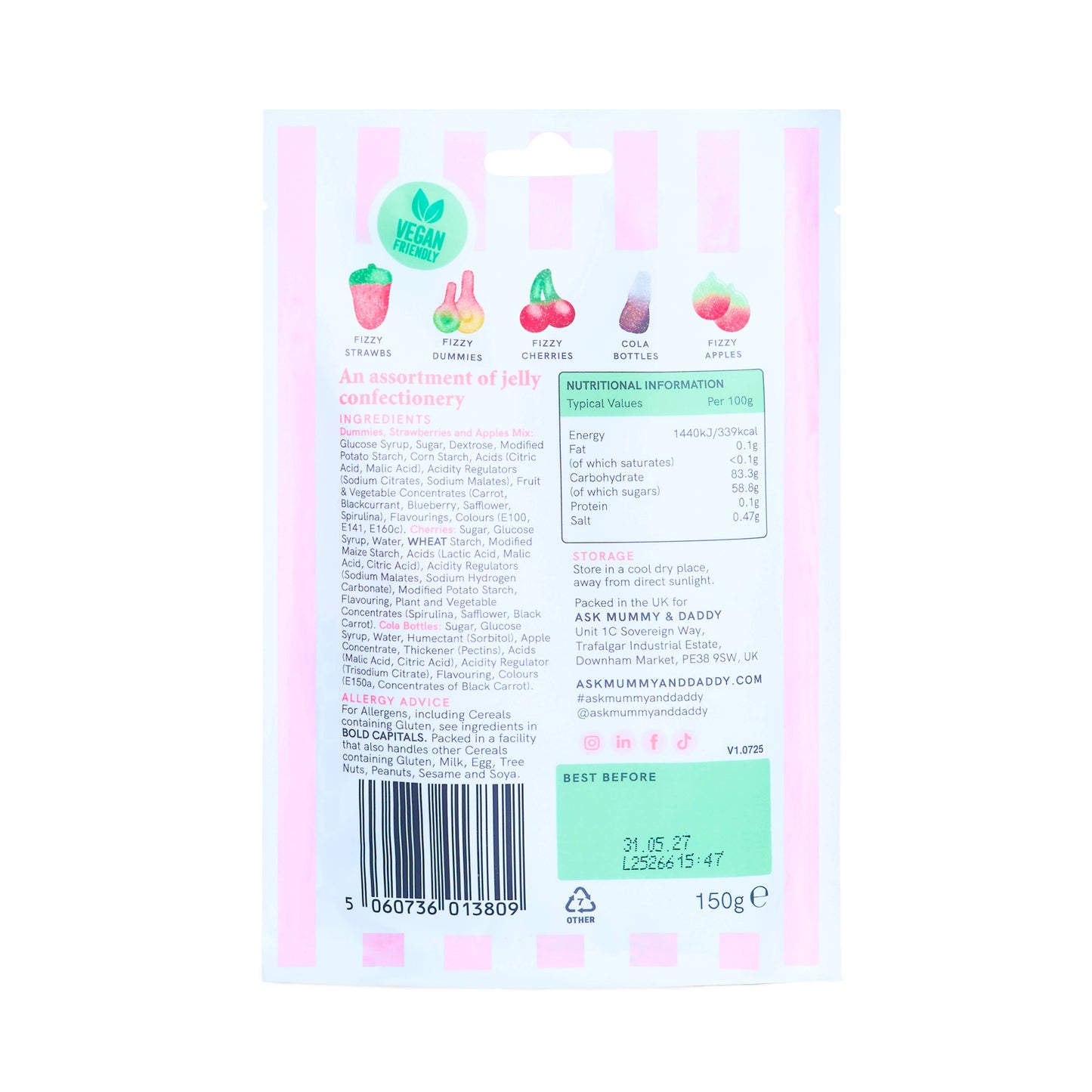 Ask Mummy & Daddy Fizzy Mix Pouch 150g – Mixed Fizzy & Sour Vegan Sweets