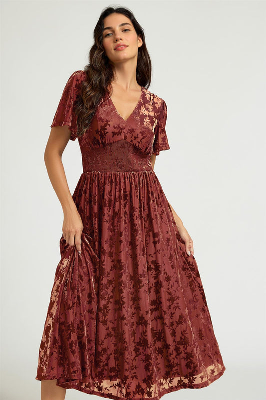 Rust Velvet Burnout V-Neck Angel Sleeve Midi Dress