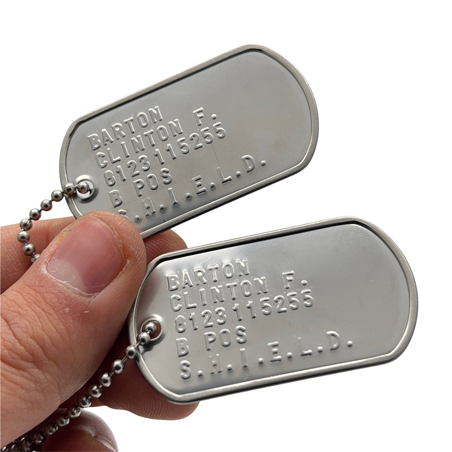 Barton Clinton 'HAWKEYE' Military Dog Tags - Costume Cosplay Prop Replica - Stainless Steel Chains Included