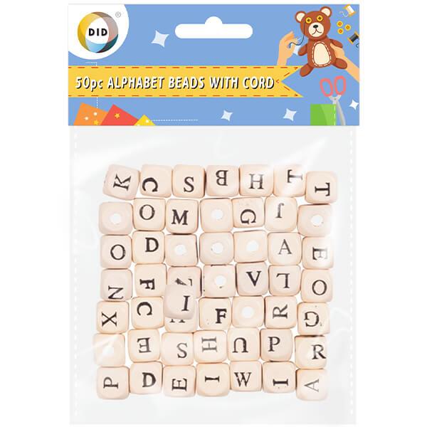 Children's Pack of 50 Small Wooden Alphabet Beads with Cord