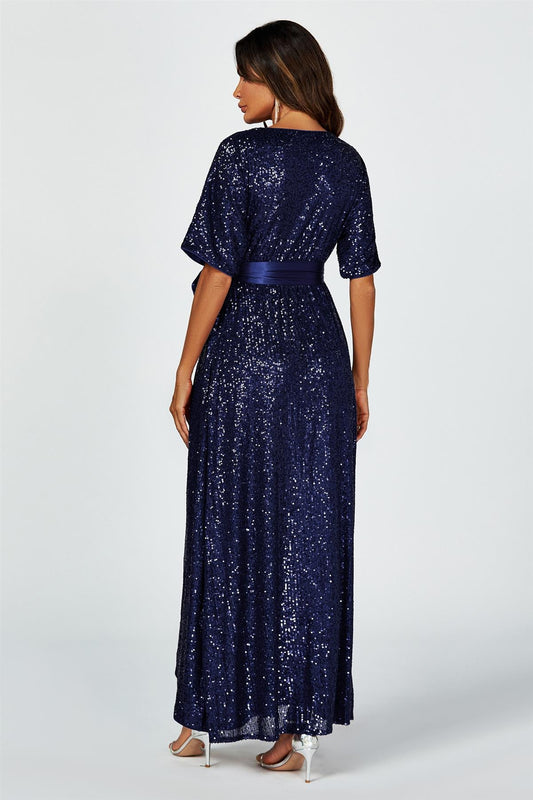 Wrap Style Sequin Maxi Dress In Navy