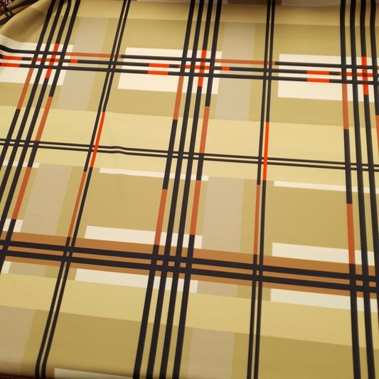 Beige Large Check Printed Scuba Crepe Jersey Fabric 4 Way Stretch
