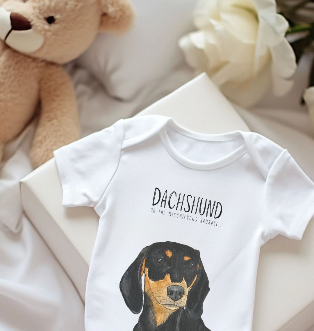 Mischievous Hot Dog Baby Bodysuit – Too Cute to Handle! Black & Tan Dachshund
