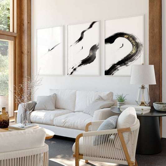 Big Living Room Wall Art Japandi Zen Ink Brushstroke Solitary Figure White Black Gold-Toned | Set of 3