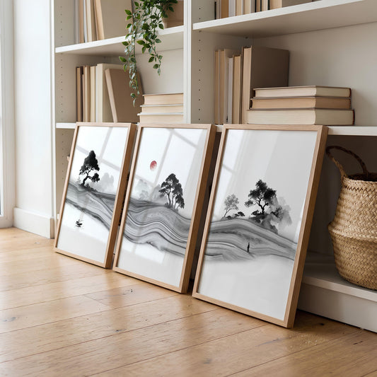 Black and White Prints for Living Room | Japanese Ink Landscape with Red Moon | Set of 3