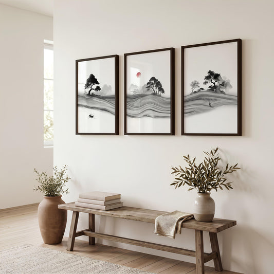 Black and White Prints Japandi Ink Landscape with Red Sun | Set of 3