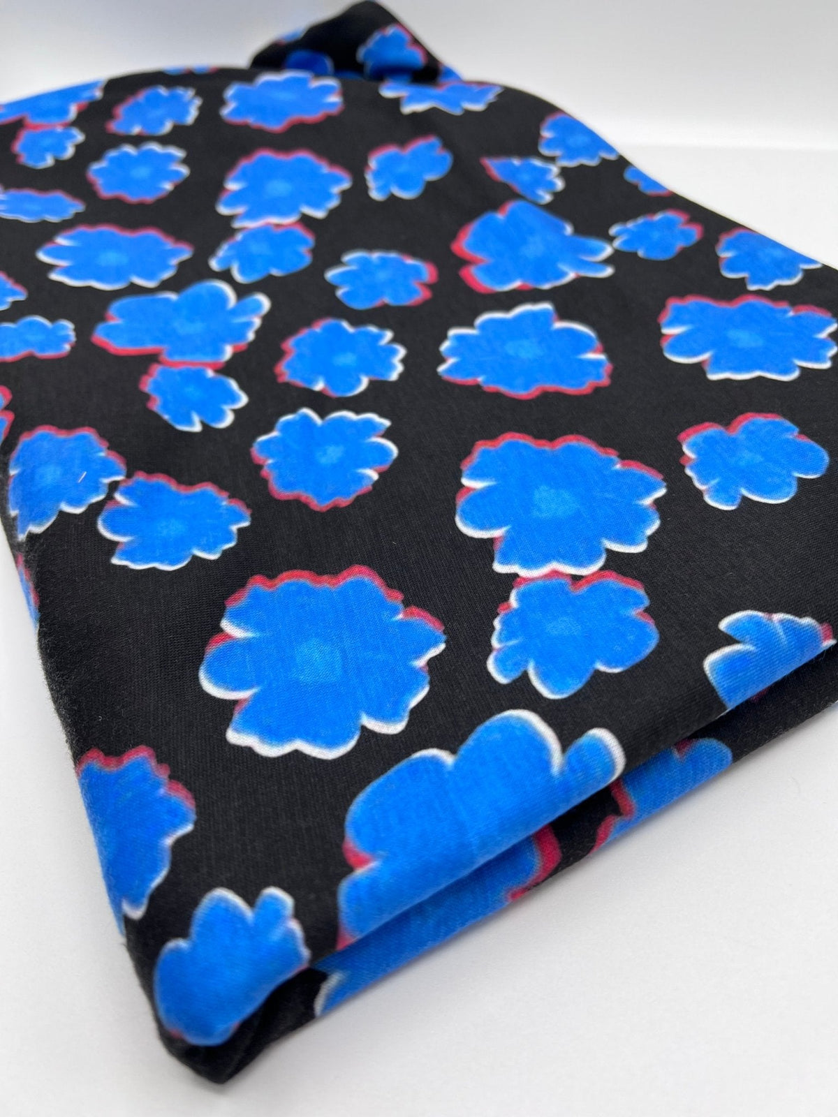 Black Blue Large Floral Print Spun Poly Stretch Fabric