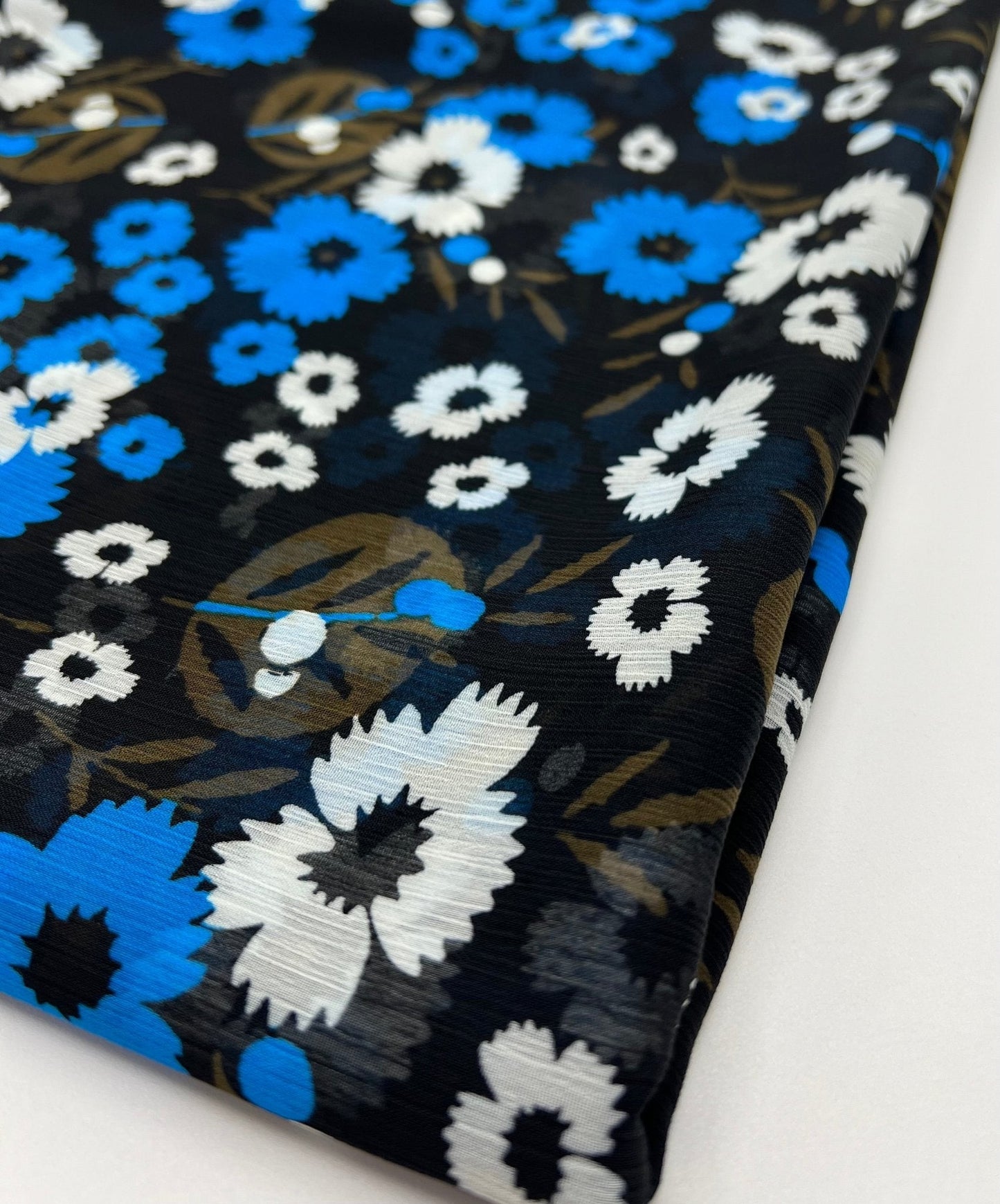 Black Blue White Floral Printed Chiffon Dress Fabric