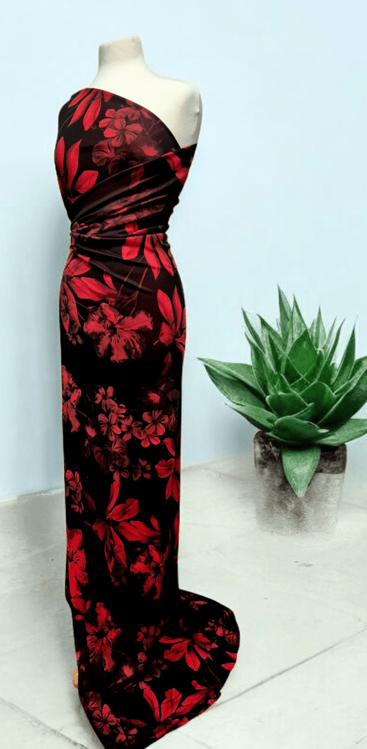 Black Bright Red Floral Print ITY Fabric 2 Way Stretch