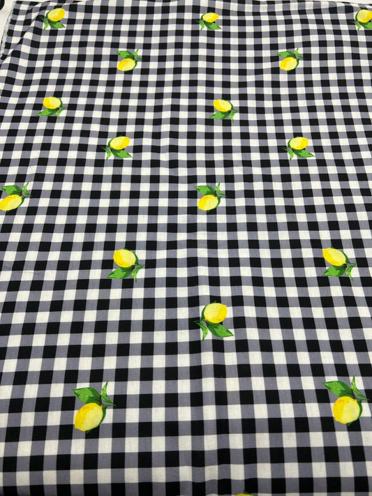 Black Gingham Lemon Print Soft Spun Poly Stretch Fabric