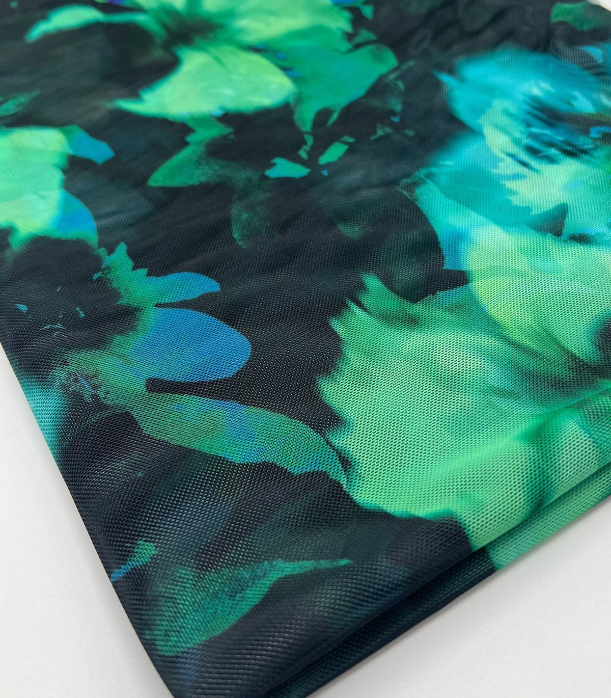 Black Green Floral Mix Mesh Fabric Stretch