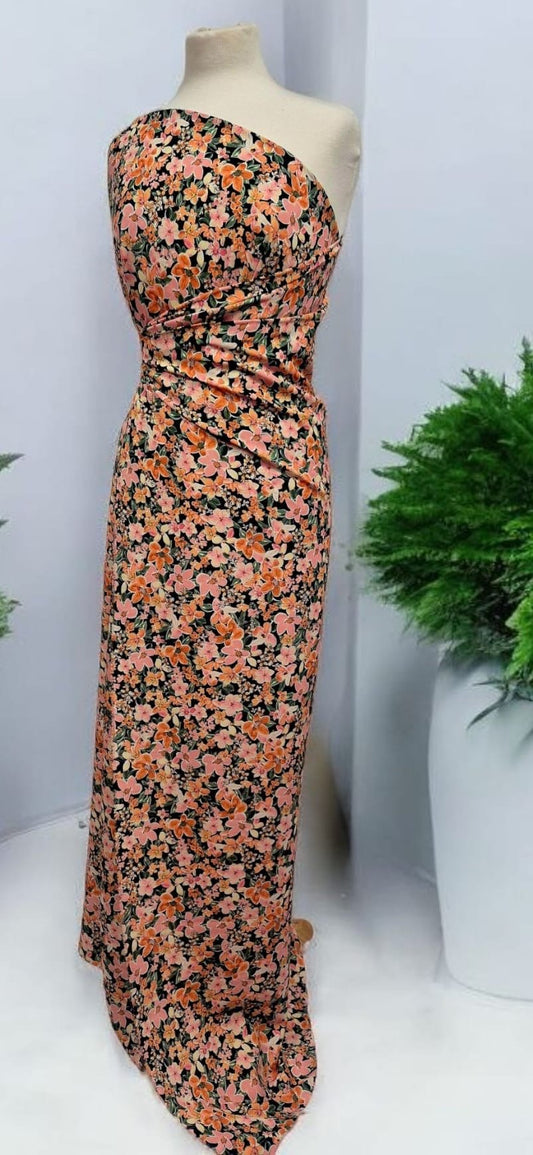 Black Orange Floral Lightweight Non Stretch Woven Dress Craft Fabric